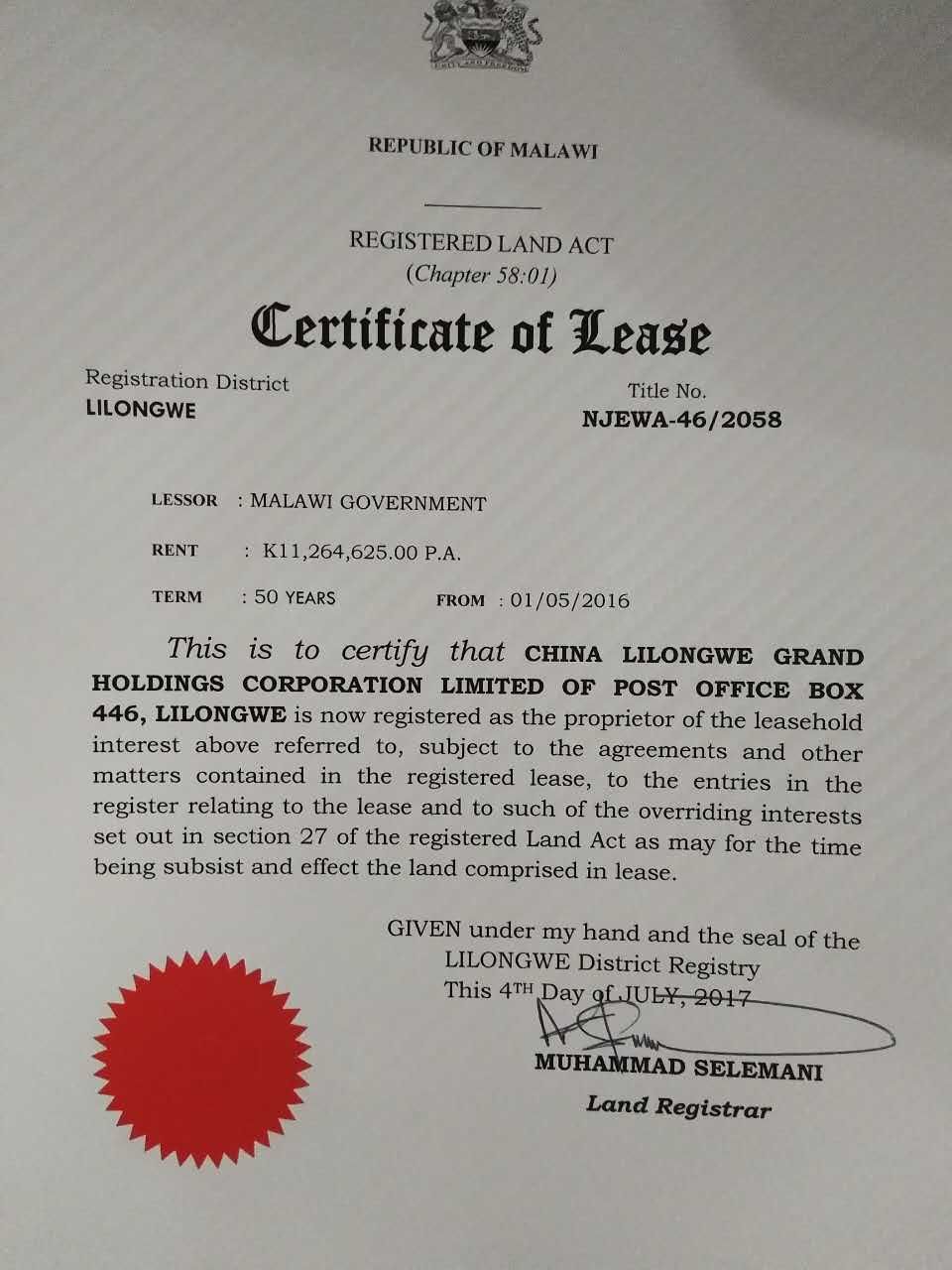 Certificate of Lease